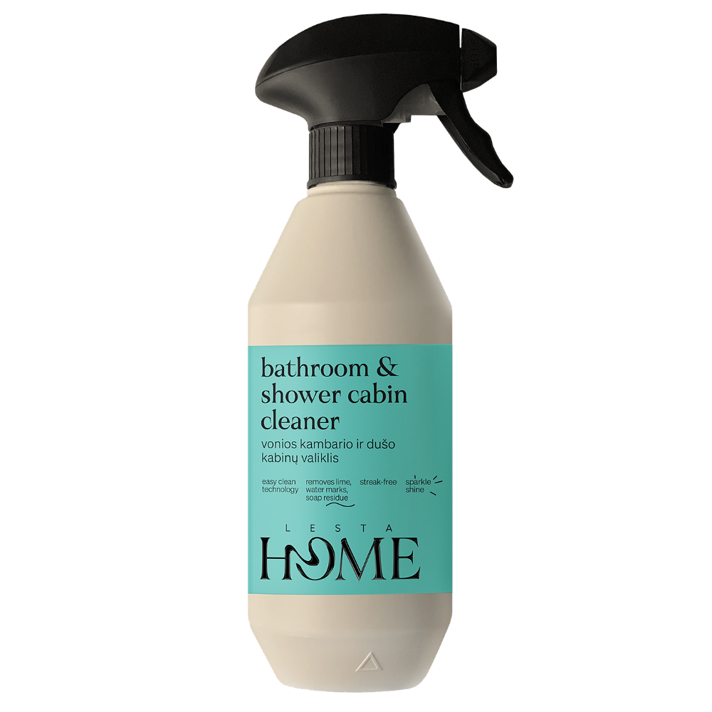 Spray bottle labeled 'bathroom & shower cabin cleaner' by Lesta Home on a white background