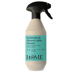 Spray bottle labeled 'bathroom & shower cabin cleaner' by Lesta Home on a white background