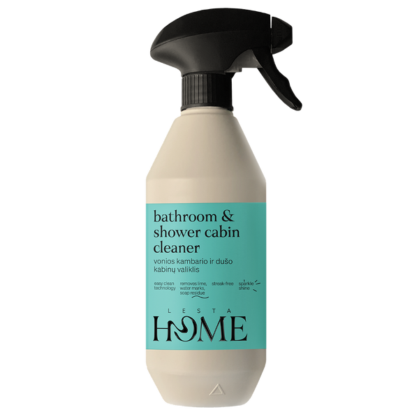 Spray bottle labeled 'bathroom & shower cabin cleaner' by Lesta Home on a white background