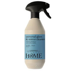 Beige spray bottle with black nozzle labeled 'universal glass & mirror cleaner' by Lesta Home on a white background.
