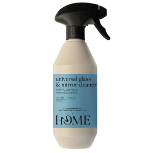 Beige spray bottle with black nozzle labeled 'universal glass & mirror cleaner' by Lesta Home on a white background.