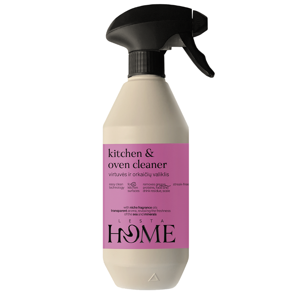 Kitchen and oven cleaner bottle with pink label on a white background