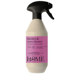 Kitchen and oven cleaner bottle with pink label on a white background