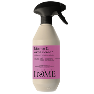 Kitchen and oven cleaner bottle with pink label on a white background