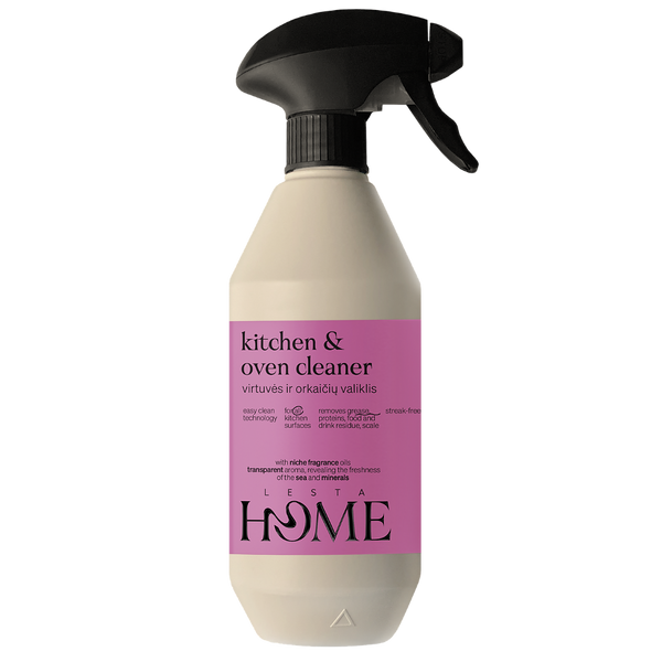 Kitchen and oven cleaner bottle with pink label on a white background