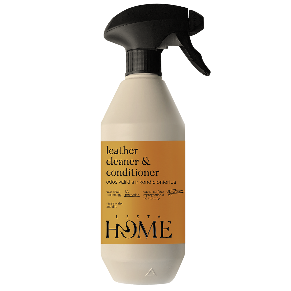 Leather cleaner and conditioner spray bottle with beige and black design on a white background