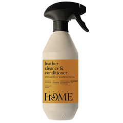 Leather cleaner and conditioner spray bottle with beige and black design on a white background