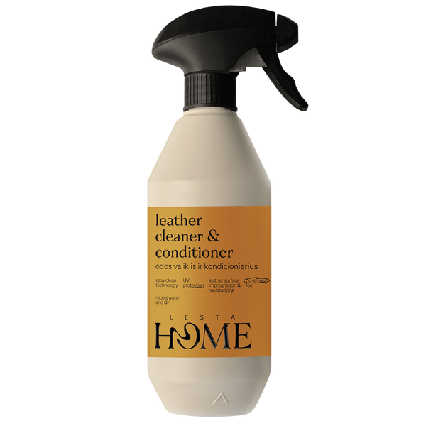 Leather cleaner and conditioner spray bottle with beige and black design on a white background