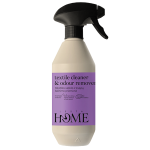 Textile cleaner and odor remover spray bottle with purple label on a white background