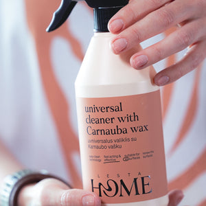 Bottle of 'Lesta Home' universal cleaner with Carnauba wax held by a person.