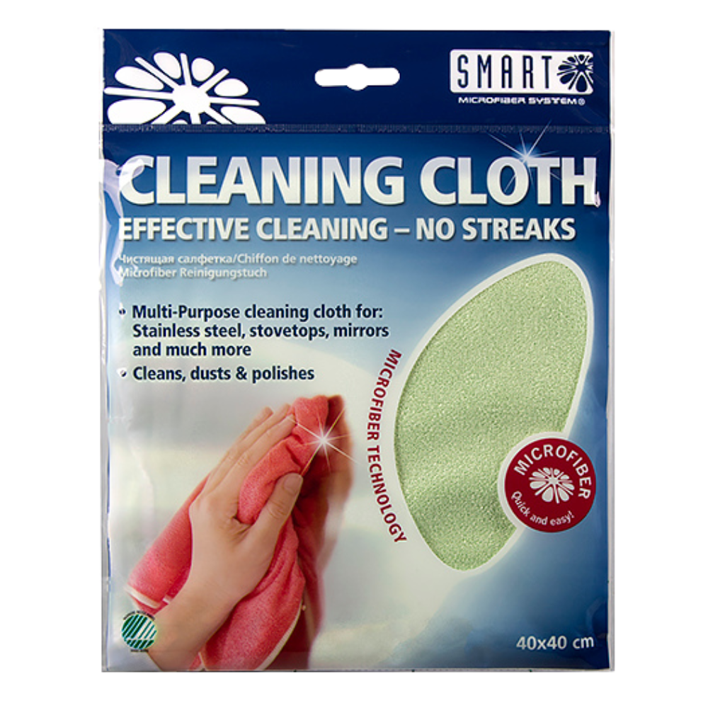 Package of a cleaning cloth with text and a hand holding the cloth.