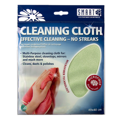 Package of a cleaning cloth with text and a hand holding the cloth.