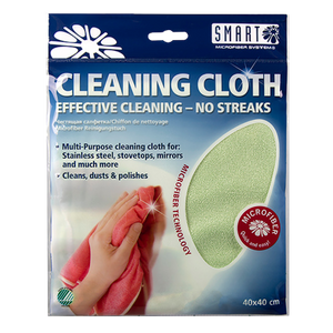 Package of a cleaning cloth with text and a hand holding the cloth.