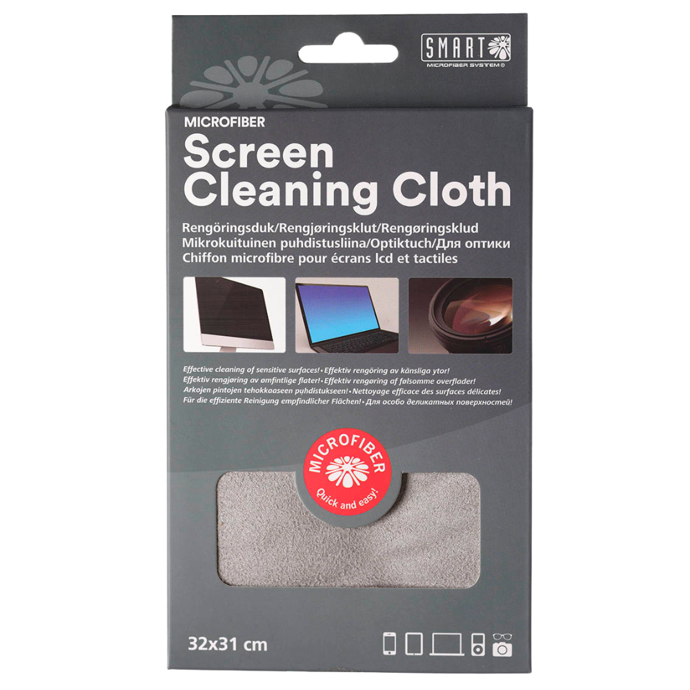 Packaging of screen cleaning cloth with SMART logo on a white background